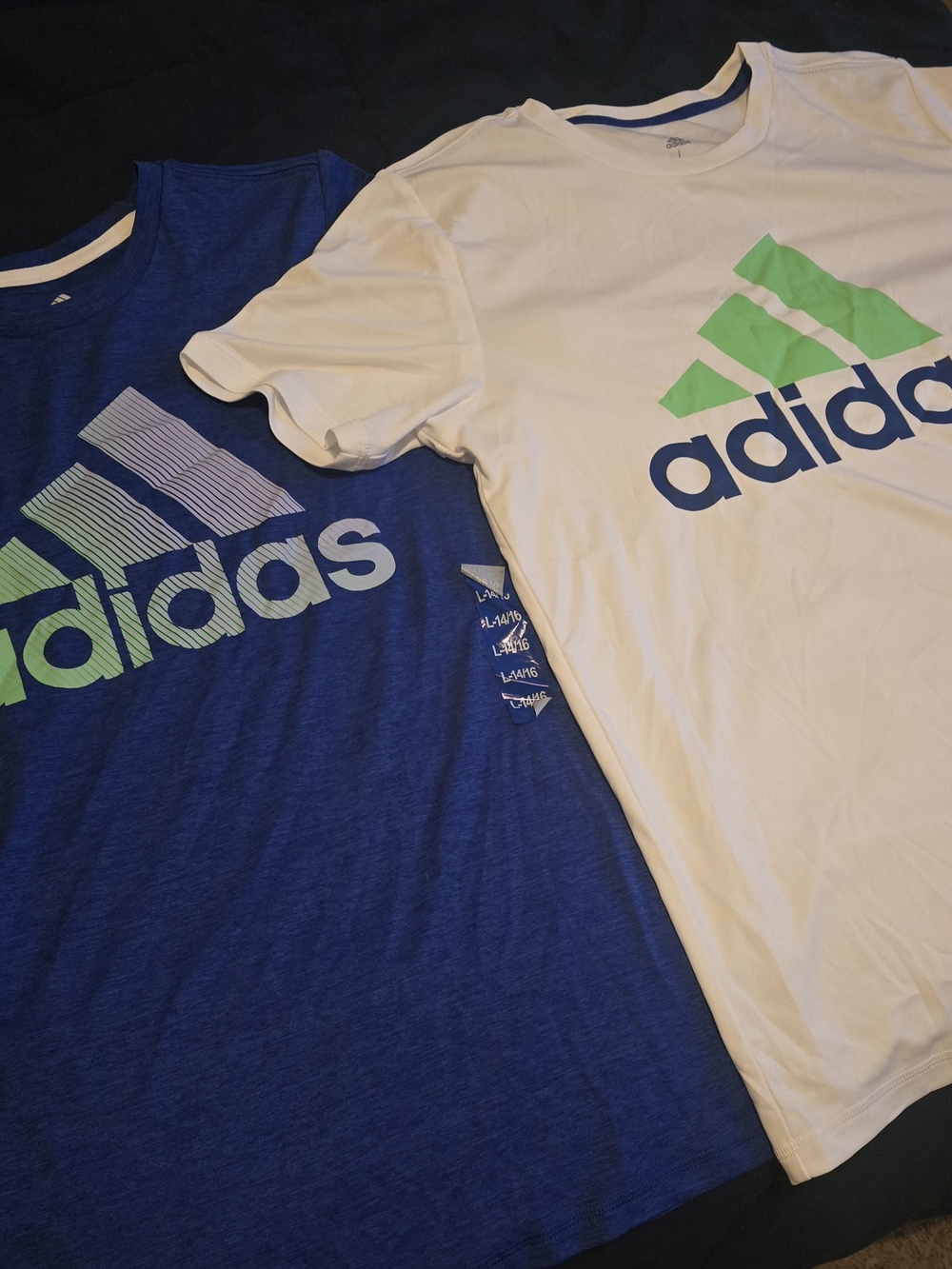 adidas Kids Short Sleeve Logo Tee Set - White & Blue with Green Accents